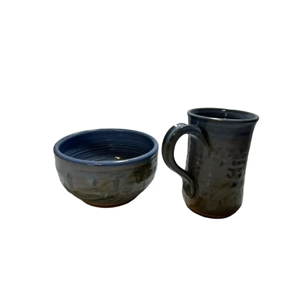 Hand Made Art Pottery Mug And Bowl Set Blues Grays Browns